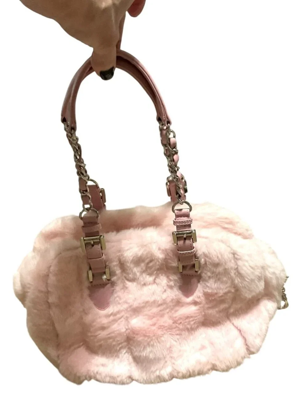 My Flat In London Scottie Pink Faux Fur Handbag With Chain Straps & Charm Accent